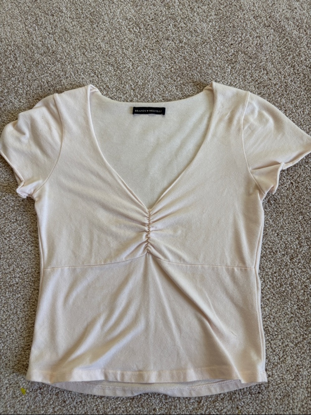 Brandy Melville Light Pink Ruched V-Neck Short Sleeve Top